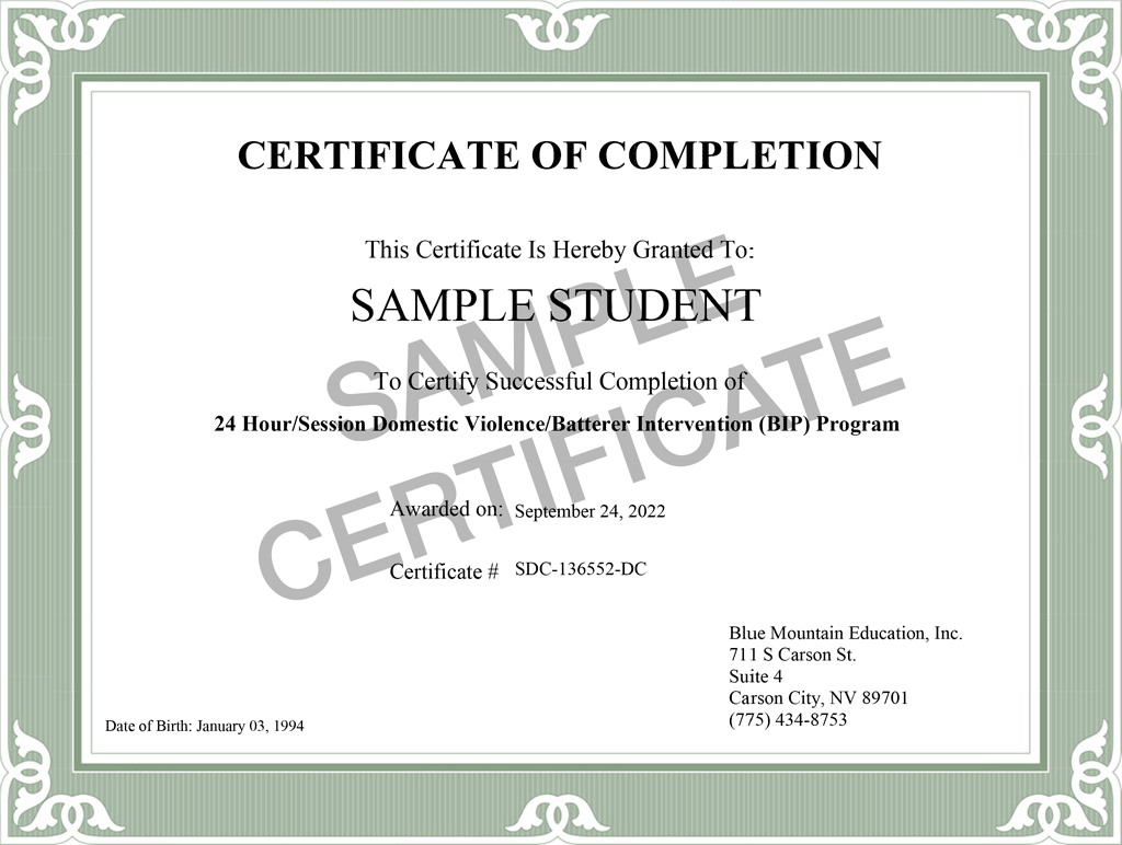 Stop DV Class sample certificate